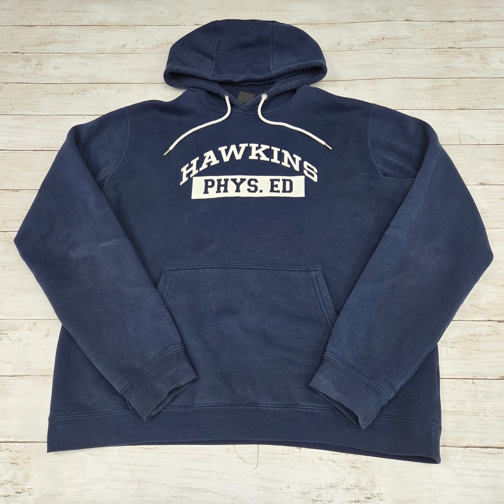 Nike Stranger Things Hawkins Phys Ed Hoodie Mens L Navy Blue Pullover CQ3655-419